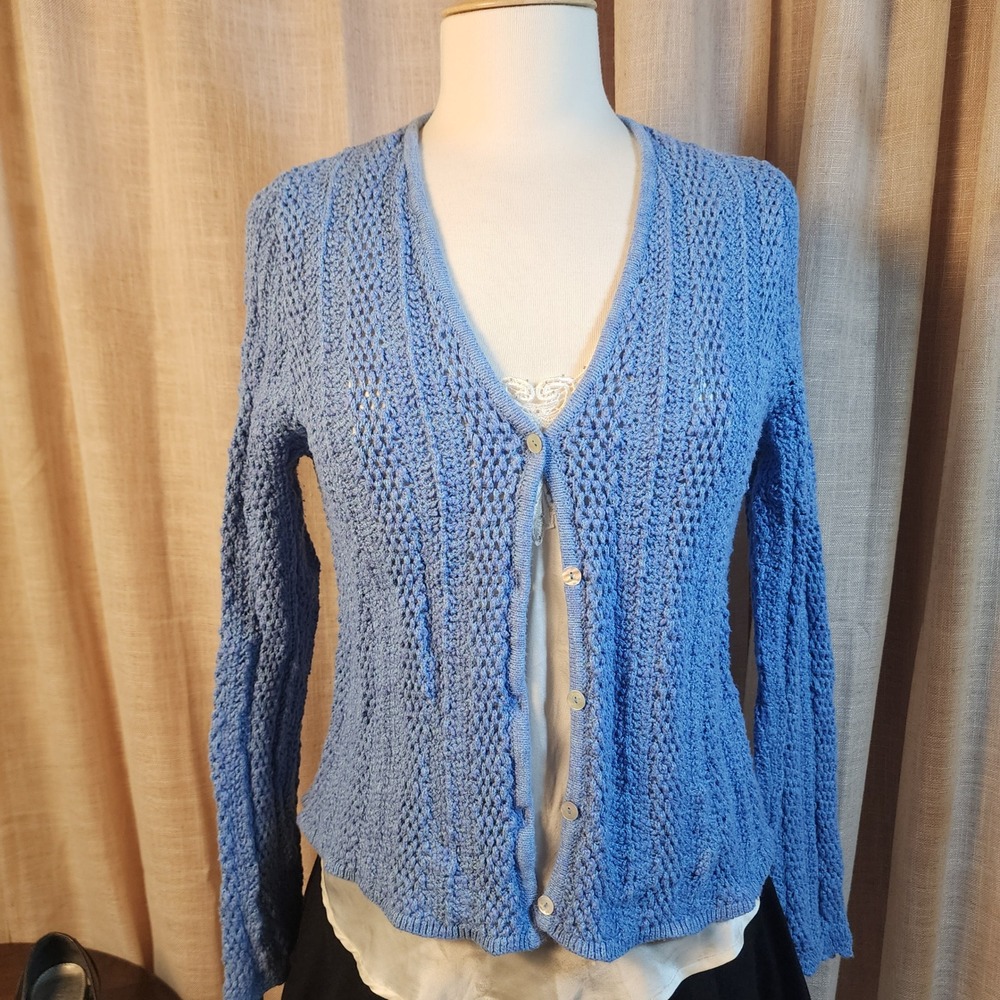 Sundance Blue Open Knit Cardigan M Cotton Modal Boho Western Textured